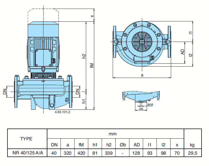 Габаритный чертеж насоса Calpeda NR 40/125A/A