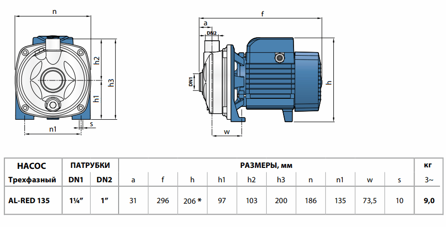 Габаритный чертеж насоса Pedrollo AL-RED 135