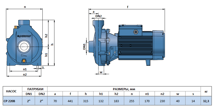 Габаритный чертеж насоса Pedrollo CP 220B
