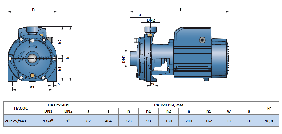 Габаритный чертеж насоса Pedrollo 2CP 25/14B