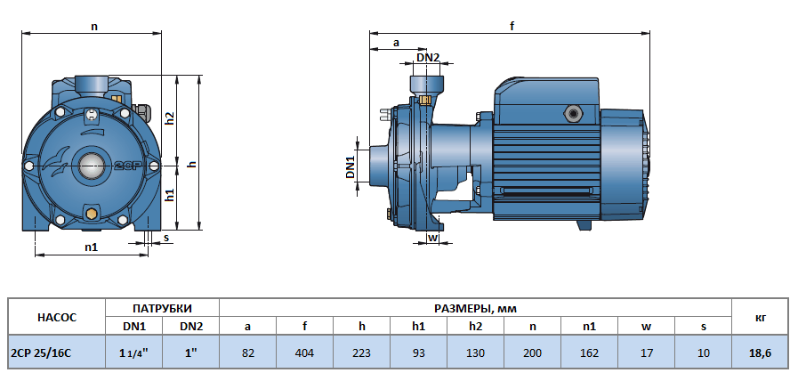 Габаритный чертеж насоса Pedrollo 2CP 25/16C
