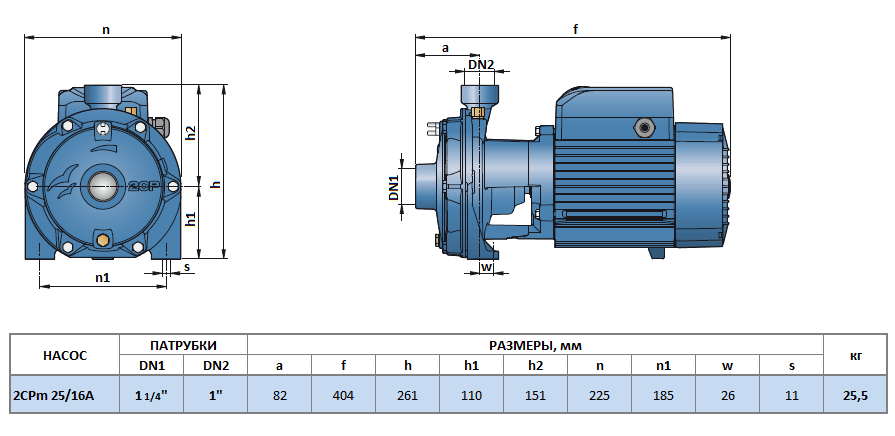 Габаритный чертеж насоса Pedrollo 2CPm 25/16A
