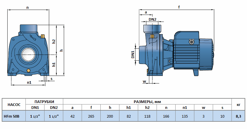 Габаритный чертеж насоса Pedrollo HFm 50B