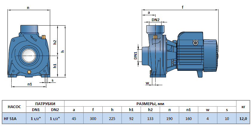 Габаритный чертеж насоса Pedrollo HF 51A