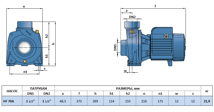 Габаритный чертеж насоса Pedrollo HF 70A