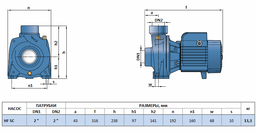 Габаритный чертеж насоса Pedrollo HF 5C