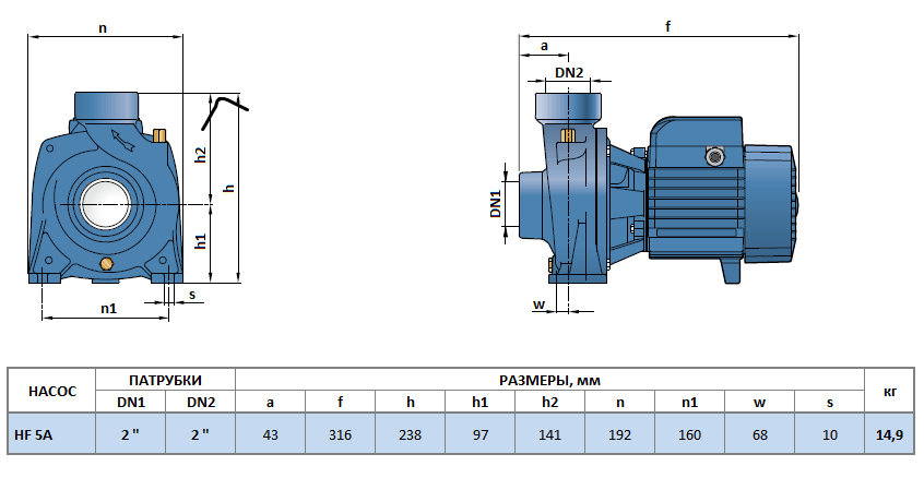 Габаритный чертеж насоса Pedrollo HF 5A
