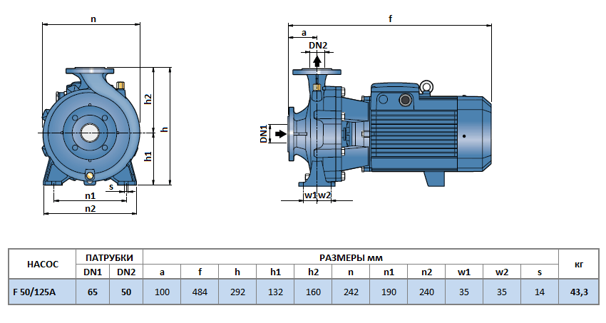 Габаритный чертеж насоса Pedrollo F 50/125A