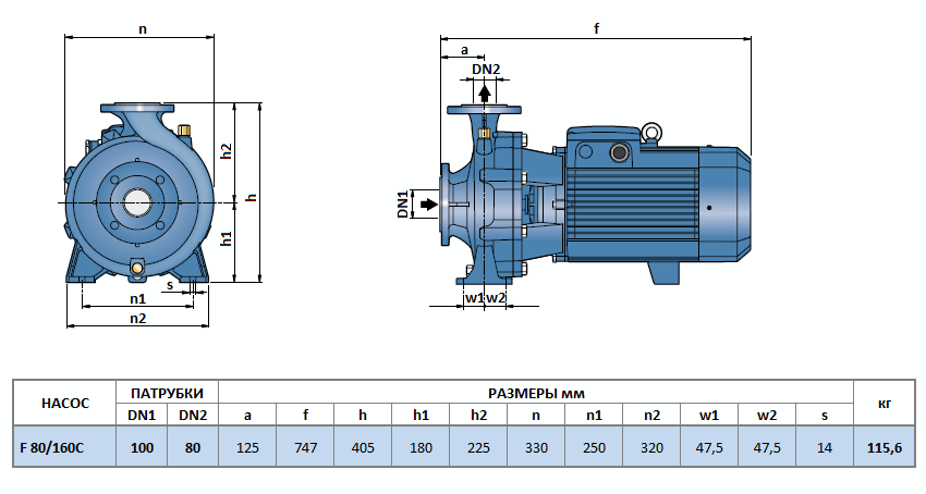 Габаритный чертеж насоса Pedrollo F 80/160C