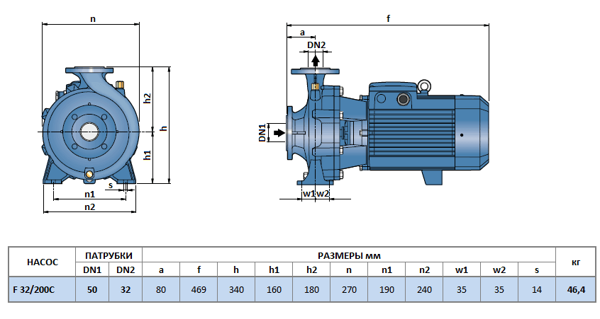 Габаритный чертеж насоса Pedrollo F 32/200C