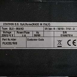 Шильдик насоса Etatron DLX MA/AD 08-10