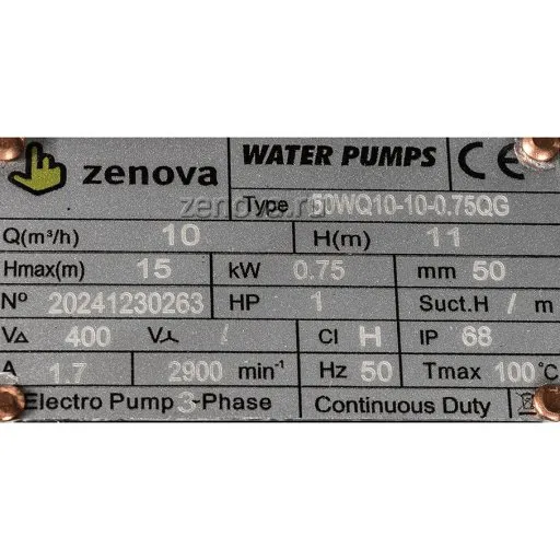 Шильдик насоса Zenova 50WQ10-10-0.75QG