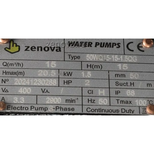 Шильдик насоса Zenova 50WQ15-15-1.5QG