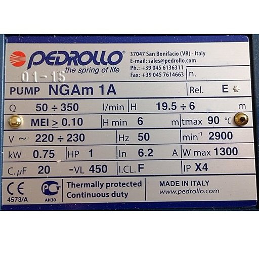 Шильдик монофазной версии насоса Pedrollo NGA 1A