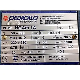 Шильдик монофазной версии насоса Pedrollo NGA 1A