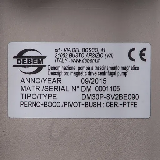 Шильдик насоса Debem DM30P-SV2BE090